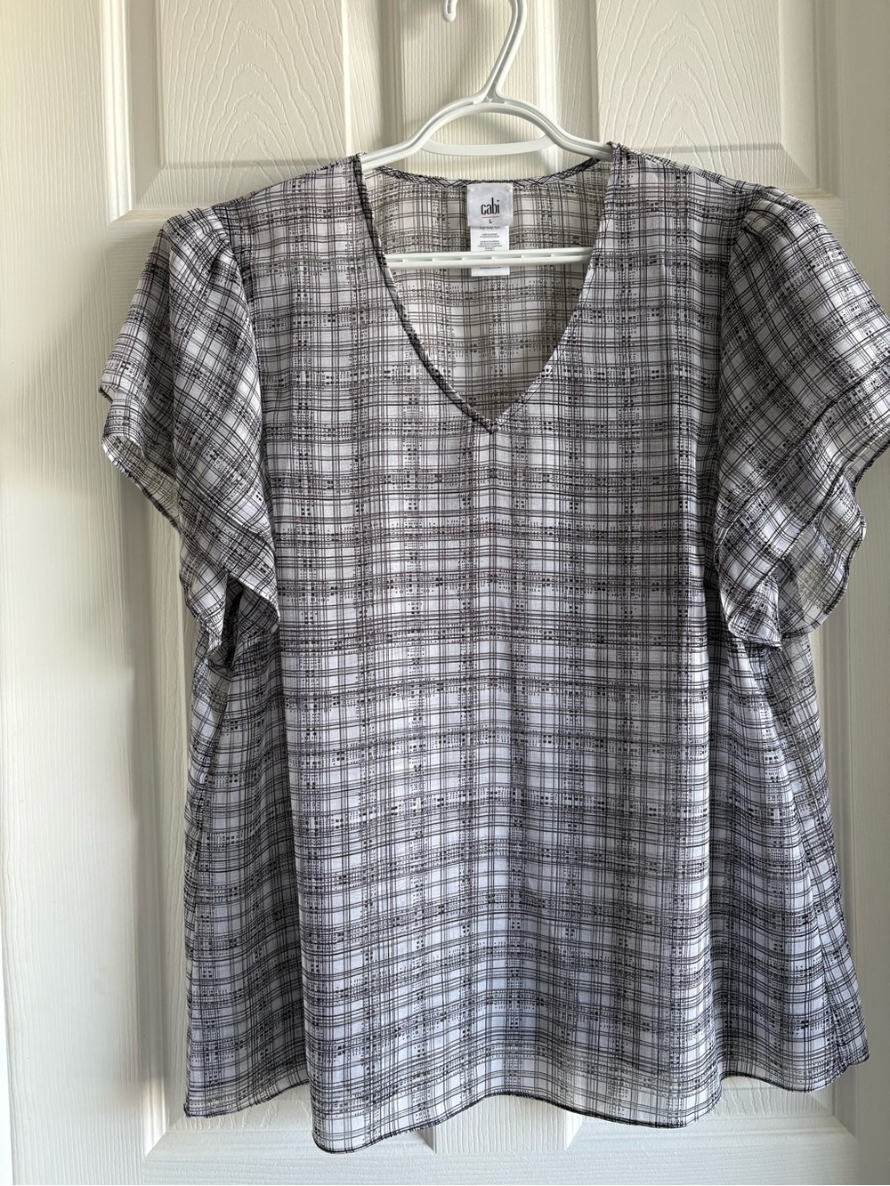 CAbi Black and White Plaid V-Neck Short Sleeve Top